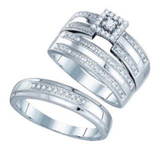 0.23 cttw 10k White Gold Engagement Ring Wedding Band His Her Trio Bridal Set (Real Diamonds 1/4 cttw, Ring Sizes 4 13) Jewelry