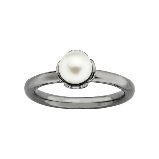 Black Rhodium Plated Sterling Silver Cultured Freshwater Pearl Ring, White,