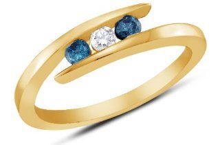 10K Yellow Gold Channel Set Journey Round Brilliant Cut Blue and White Diamond Ladies Womens Wedding Band OR Anniversary Ring (1/4 cttw.) Jewelry