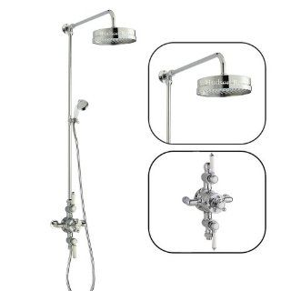 Traditional Triple Exposed Thermostatic Shower Valve Faucet with Luxury Grand Rigid Riser, Handset and Round Fixed Head   Bathtub And Shower Diverter Valves  