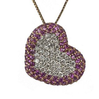 14k Yellow and White Gold Diamond and Pink Sapphire Heart Necklace Jewelry