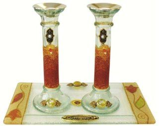Lily Art Glass Appliqud Multicolored Shabbat Candle Stick Holders and Tray  Other Products  