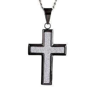Crucible Men's Black Plated Stainless Steel Sandblasted Cross Pendant Necklace   24 Inch Curb Chain Pendant Necklaces Jewelry