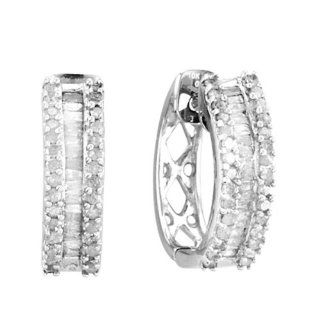 10K White Gold 0.5cttw Breathtaking Classic Channel and Prong Set Baguette and Round Diamond Hoop Earring Jewelry