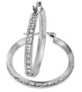 14k White Gold with Princess Cut White Crystals Accented With Greek Design 4.0mm Thick & up to 37.0mm Wide Hoop Earrings Jewelry