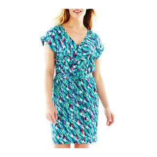 Short Sleeve Ruffle Dress   Petite, Blue/Pink