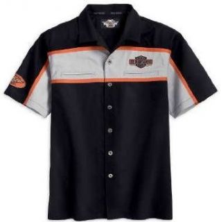 Harley Davidson Men's Short Sleeve Colorblocked Black Garage Shirt. Patch and embroidery. 99043 09VM (Small) Clothing