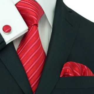 Landisun 654 Bright Red Stripes Mens Silk Tie Set Tie+Hanky+Cufflinks Exclusive at  Men�s Clothing store Neckties