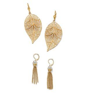 PalmBeach Jewelry 14k Yellow Gold Plated Filigree Leaf and Multi Chain Drop Earrings 2 Pairs Set Jewelry