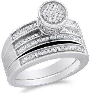 .925 Sterling Silver Plated in White Gold Rhodium Diamond Ladies Bridal Engagement Ring with Matching Wedding Band Two 2 Ring Set   Round Shape Center Setting w/ Micro Pave Set Round Diamonds   (.38 cttw) Jewelry