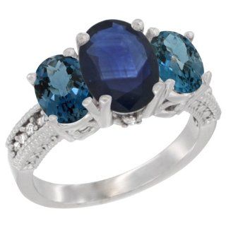 14K White Gold Natural Blue Sapphire Ring Ladies 3 Stone 8x6 Oval with London Blue Topaz Sides Diamond Accent, sizes 5   10 Jewelry