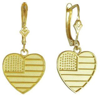 10k Yellow Gold Heart Shaped US American Flag Leverback Earrings Jewelry