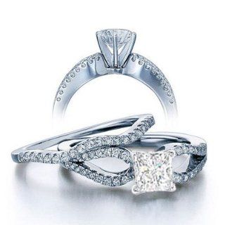 1.00 Carat Princess Diamond Engagement Ring Bridal Set Engagement Rings on 18K White Gold FineTresor Jewelry