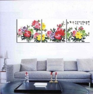 Rich peony Chinese wind of calligraphy and painting canvas modern art of three pieces