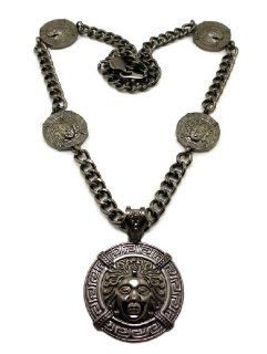 Gun Metal Multiple Medusa Heads on Disc Pendant with a 10mm 30 Inch Link Chain Jewelry
