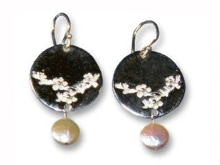 Sterling Silver Double Sided Japanese Cherry Blossom Flower / Coral Earrings with Pearl   Coin Earrings, Pearl Earrings Efy Tal Jewelry