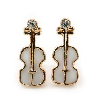 Children's/ Teen's / Kid's Small White Enamel 'Violin' Stud Earrings In Gold Plating   13mm Length Jewelry