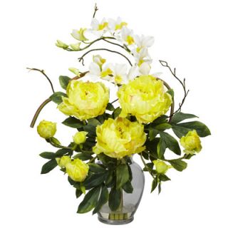 Nearly Natural Peony and Orchid Silk Flower Arrangement in Yellow