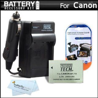 Battery And Charger Kit For Canon VIXIA HF R52, HF R50, HF R500, HF R32, HF R42, HF R40, HF R400 Camcorder Includes Replacement (2100Mah) BP 718 Battery + Ac/Dc Rapid Travel Charger + More (Replaces Canon BP 709, BP 718, BP 727) Made with info chip  Ca