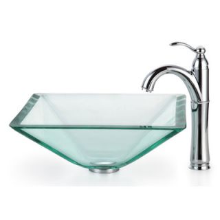 Kraus Square Aquamarine Glass Vessel Bathroom Sink with Rivera Faucet