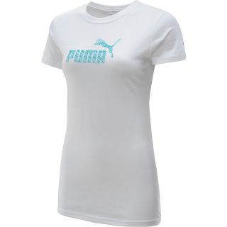 PUMA Womens Large Logo Short Sleeve T Shirt   Size Medium, White/blue
