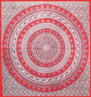 Red & Pink Elephant Circle Indian Tapestry   Mandala Wall Hanging for Dorms  