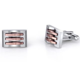 Mens Stainless Steel Cuff Links with Triple Stripe Rose Gold Accents