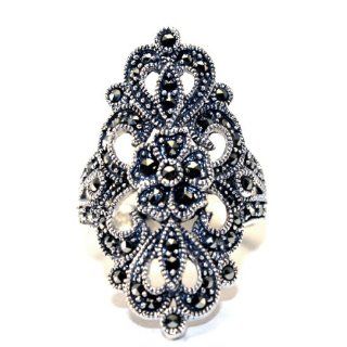 Sterling Silver Large Elongated Filigree Cocktail Marcasite Ring (8) Jewelry