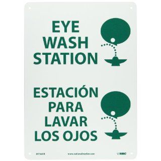 NMC M736AB Bilingual Emergency and First Aid Sign, Legend "EYE WASH STATION" with Graphic, 10" Length x 14" Height, Aluminum 0.40, Green on White Industrial Warning Signs