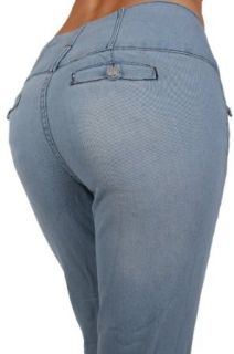 Diamante Style C752   Classic Stretch Wide waistband Denim Boot Leg Jeans in Light Blue Size 0