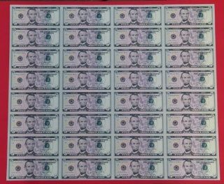 Uncut Sheet 32 x $5 US Dollar Uncirculated Legal Money Bill Note 