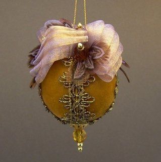"Flights of Fancy" by Towers and Turrets   Topaz Gold Velvet and Purple Ball Christmas Ornament with Feathers   Victorian Inspired, Handmade  Decorative Hanging Ornaments  