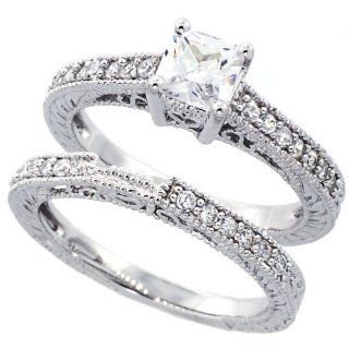 Rhodium Plated Sterling Silver Vintage Style 2Pc Engagement Ring Bridal Sets For Women 6mm ( Size 6 to 9) Jewelry