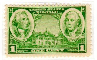 Postage Stamps United States. One Single 1 Cent Green George Washington, Nathanael Greene and Mount Vernon, Army Commemorative Issue Stamp, Dated 1936 37, Scott #785. 