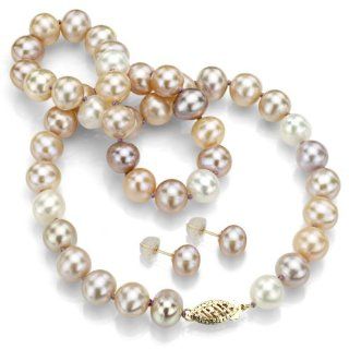 14k Yellow Gold 7 8mm Multi color Pink Cultured Freshwater Pearl Necklace 18" with Matching Stud Earring. Jewelry