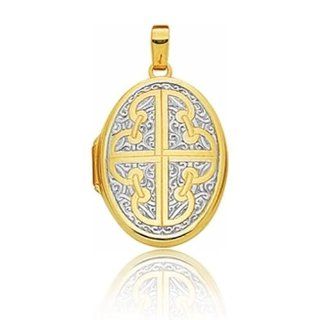 14K 2 Tone Gold Oval Celtic Cross Locket (26 x 19 mm) Jewelry