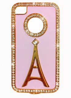 Luxury Designer Bling Rhinestones Pink Eiffel Tower Light Pink Gold Trim Crystal Case for Apple Iphone 4 and 4s Cell Phones & Accessories
