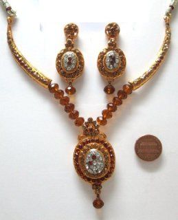 SY10TB Fashion Golden look Brown Rhinestone 3 Pcs Necklace Earring Set Bargains Women India Indian Bollywood Fashion Jewelry Accessories Z Others Earrings For Women Brown Jewelry