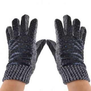 Pair Knitted Stretch Cuff Rubber Dots Leopard Print Warm Gloves Black Gray for Women