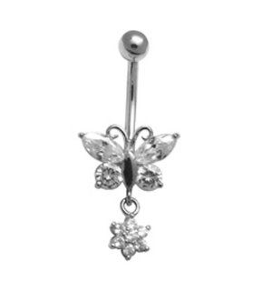 14k White Gold Flower Butterfly CZ Belly Button Ring Jewelry