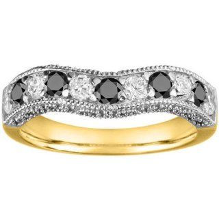 Yellow Plated Sterling Silver Vintage Filigree & Milgrained Wedding Band set with Black And White Diamonds (1ct. twt.) Jewelry