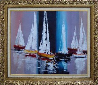 Fully Riggled Sailing Boats Modern Oil Painting, with Dark Cherry Wood Frame 25x29 Inch  