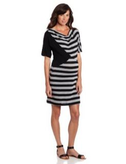 Three Seasons Maternity Women's Dolman Sleeve Stripe Dress, Black/Charcoal, Large
