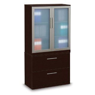 Two Drawer Lateral File with Storage Cabinet 36" W Espresso Wenge Top Edge/Frosted Glass Doors/Brushed Nickel Handles  Office Storage Cabinet Glass 