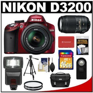 Nikon D3200 Digital SLR Camera & 18 55mm G VR DX AF S Zoom Lens (Red) + 55 300mm VR Lens + 16GB Card + Flash + Case + Filters + Remote + Tripod + Accessory Kit  Digital Slr Camera Bundles  Camera & Photo
