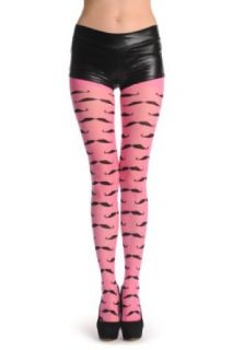 Pink With Black Woven Moustaches   Pink Embellished Designer Pantyhose (Tights)