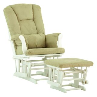 Storkcraft Tuscany Glider and Ottoman with Free Lower Lumbar Pillow   White Finish with Sage Cushions   Nursery Gliders & Rockers