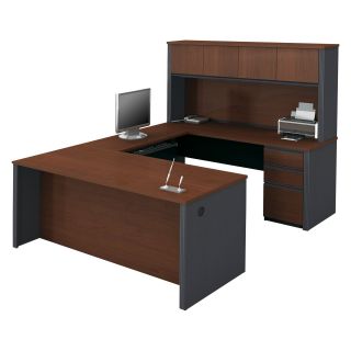 Bestar Prestige U Shaped Workstation with Hutch and Dual Pedestals   Bordeaux and Graphite   Desks