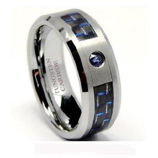 8mm Tungsten Carbide Ring with Blue Sapphire .050 Carat Stone & Blue Carbon Fiber Inlay Wedding Band Available Size (6 to 13) No Half Sizes. Please E mail Jewelry