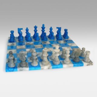Blue & Grey Alabaster Chess Set   Chess Sets